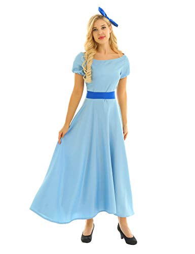 Alvivi 3 Piezas Vestido de Princesa Mujer Muchacha Disfraz Azul Fiesta Carnaval Cosplay de Anime Vestido Largo Elegante Mujer de Boda Ceremonia Verano con Diadema Light Blue Medium