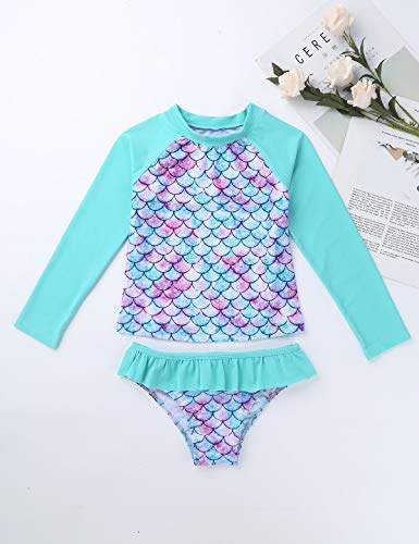 Alvivi Traje de baño de Dos Piezas para Niña Bañadores Estampados de Natacion Tankini Flores Top Manga Larga+Bragas Volantes Cyan 8 años