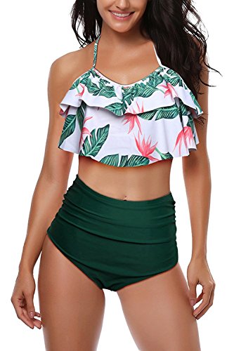 AMAGGIGO Traje de baño para Mujer de Talle Alto Vintage Push Up Bikini Set para Mujer Talla Grande 2 Piezas Traje de baño (FBA) (EU 46-48, Verde)