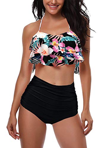 AMAGGIGO Traje de baño para Mujer de Talle Alto Vintage Push Up Bikini Set para Mujer Talla Grande 2 Piezas Traje de baño (FBA)(EU 46-48,Black Flower)