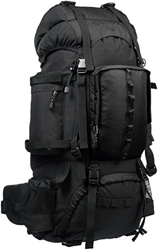 Amazon Basics - Mochila de senderismo con estructura interna y capa para lluvia, 75 L, Negro