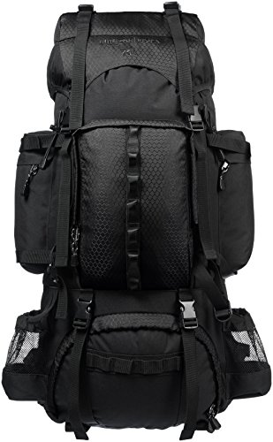 Amazon Basics - Mochila de senderismo con estructura interna y capa para lluvia, 75 L, Negro