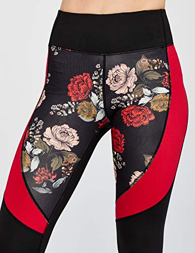 Amazon Brand - AURIQUE Leggings deportivos con paneles para mujer, Negro (Black/Red Floral Print), 38, Label:S