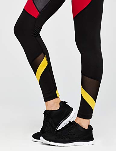 Amazon Brand - AURIQUE Leggings deportivos con paneles para mujer, Negro (Black/Red Floral Print), 38, Label:S