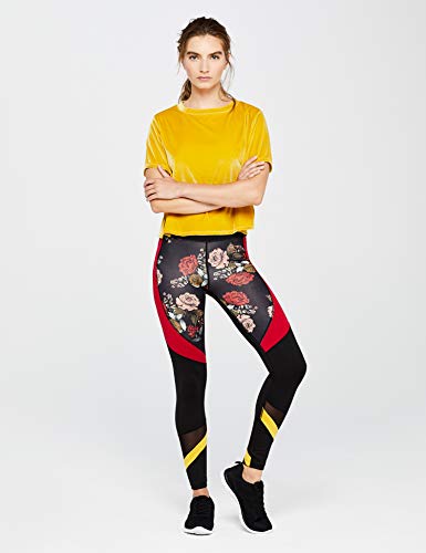 Amazon Brand - AURIQUE Leggings deportivos con paneles para mujer, Negro (Black/Red Floral Print), 42, Label:L