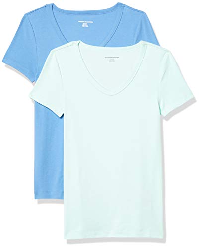 Amazon Essentials 2-Pack Slim-fit Short-Sleeve V-Neck T-Shirt Fashion-t-Shirts, Aqua Claro/Azul Francés, XS