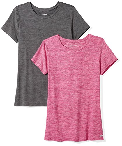 Amazon Essentials 2-Pack Tech Stretch Short-Sleeve Crew T-Shirt Athletic-Shirts, Charcoal Radiant Raspberry Heather, Medium