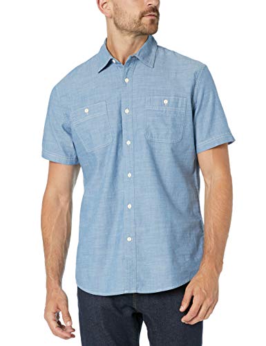 Amazon Essentials - Camisa de cambray de manga corta para hombre, Azul medio, US M (EU M)