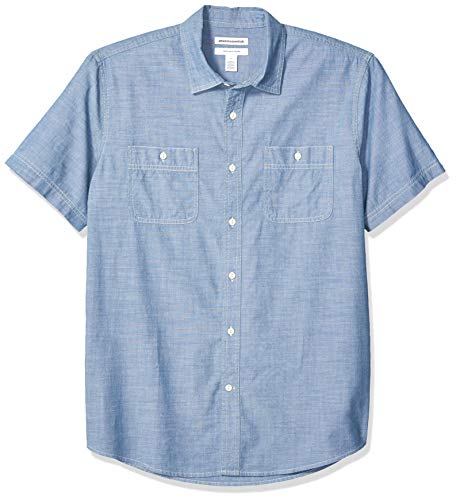 Amazon Essentials - Camisa de cambray de manga corta para hombre, Azul medio, US M (EU M)