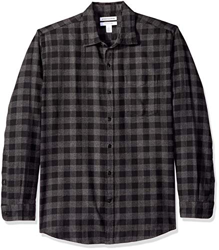 Amazon Essentials - Camisa de franela a cuadros de manga larga y ajuste regular para hombre, Gris (Charcoal Buffalo Plaid), US S (EU S)
