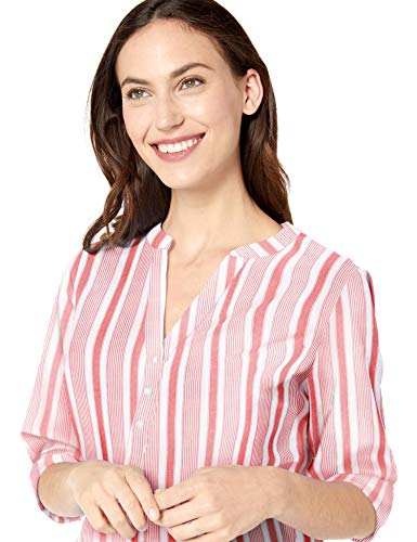 Amazon Essentials - Camisa de manga larga de algodón para mujer, Red Beach Stripe, US S (EU S - M)