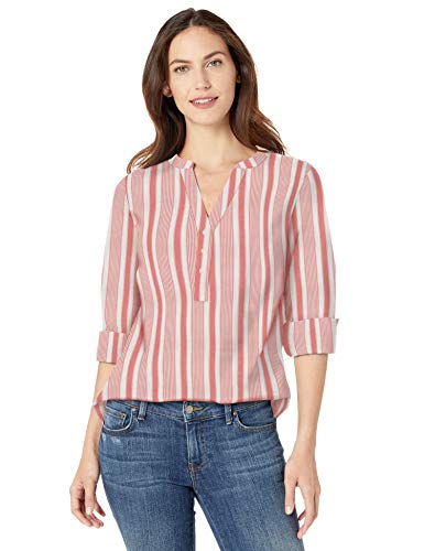 Amazon Essentials - Camisa de manga larga de algodón para mujer, Red Beach Stripe, US S (EU S - M)
