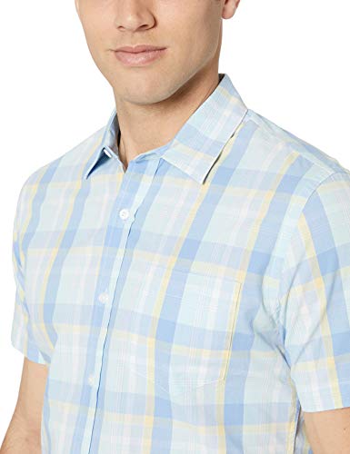 Amazon Essentials – Camisa de popelín de manga corta de corte entallado para hombre, Aqua/Blue Plaid, US L (EU L)