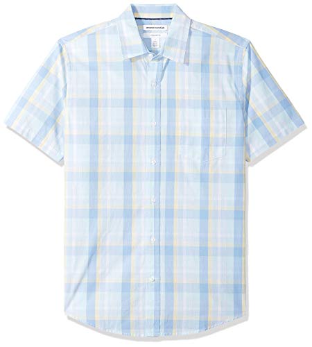 Amazon Essentials – Camisa de popelín de manga corta de corte entallado para hombre, Aqua/Blue Plaid, US L (EU L)