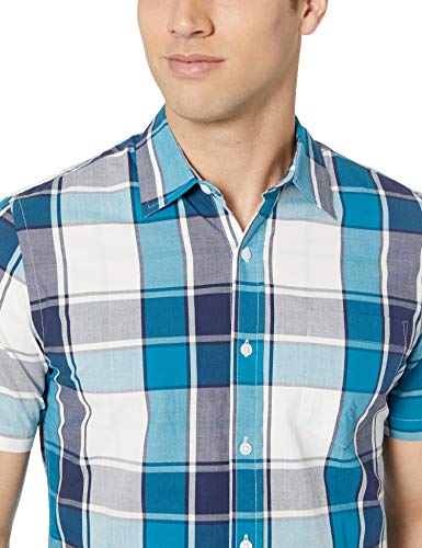 Amazon Essentials – Camisa de popelín de manga corta de corte entallado para hombre, Teal/Navy Large Plaid, US XL (EU XL - XXL)