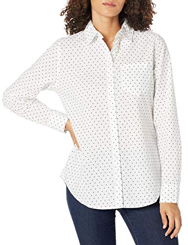 Amazon Essentials – Camisa de popelín de manga larga de corte clásico para mujer, blanco, diseño de lunares, US L (EU L - XL)
