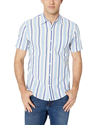 Amazon Essentials – Camisa informal de popelín a cuadros de manga corta de corte recto para hombre, Blue/White Stripe, US S (EU S)