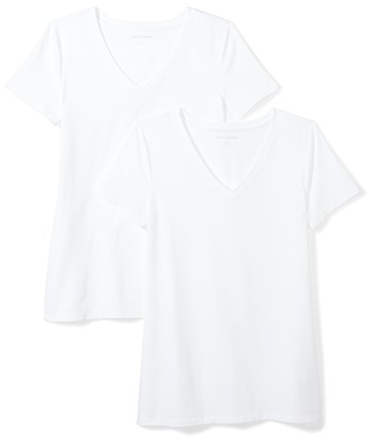 Amazon Essentials Camiseta de manga corta clásico con cuello en V, Mujer, Blanco (Blanco), L, pack de 2