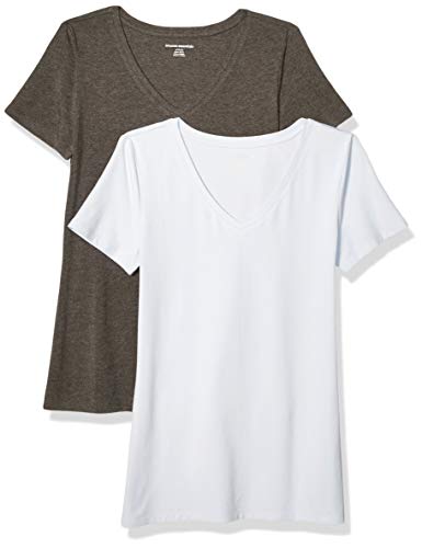 Amazon Essentials Camiseta de manga corta clásico con cuello en V, Mujer, Gris (Carbón Jaspeado/Azul Periwinkle), XS, pack de 2