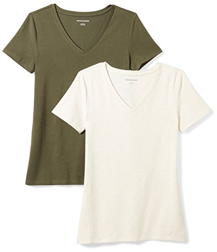 Amazon Essentials Camiseta de manga corta clásico con cuello en V, Mujer, Verde (Oliva/Avena Jaspeado), XS, pack de 2