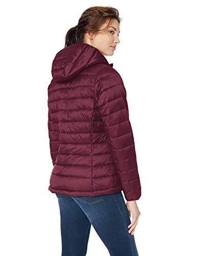 Amazon Essentials - Chaqueta acolchada con capucha para mujer, plegable, ligera y resistente al agua, Rojo (burgundy), US XS (EU XS-S)
