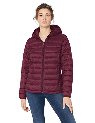 Amazon Essentials - Chaqueta acolchada con capucha para mujer, plegable, ligera y resistente al agua, Rojo (burgundy), US XS (EU XS-S)