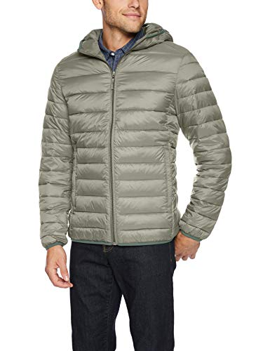 Amazon Essentials - Chaqueta con capucha acolchada, ligera, resistente al agua y plegable para hombre, Gris (Grey), US M (EU M)
