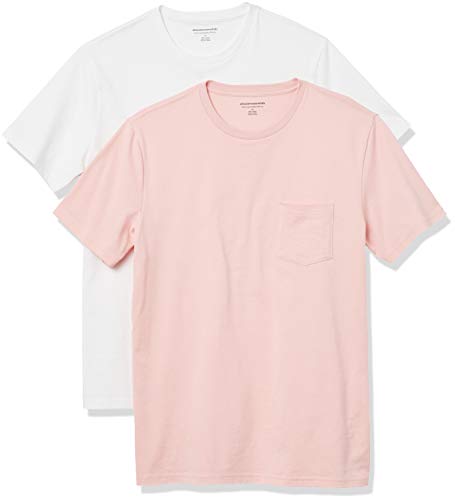 Amazon Essentials Pack de 2 Camisetas Ajustadas con Bolsillo y Cuello Redondo Fashion-t-Shirts, Rosa Claro/Blanco, L