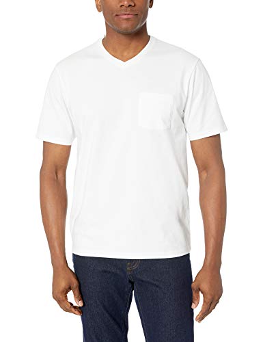 Amazon Essentials - Pack de 2 camisetas de corte holgado con cuello en V y bolsillo en el pecho para hombre, Blanco (White Whi), US M (EU M)