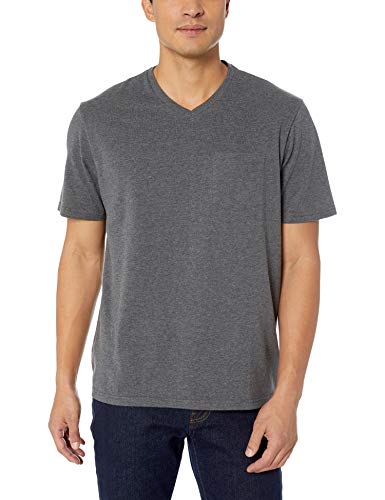 Amazon Essentials - Pack de 2 camisetas de corte holgado con cuello en V y bolsillo en el pecho para hombre, Gris (Charcoal Heather Cha), US S (EU S)