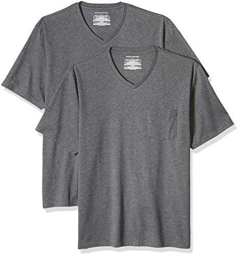 Amazon Essentials - Pack de 2 camisetas de corte holgado con cuello en V y bolsillo en el pecho para hombre, Gris (Charcoal Heather Cha), US S (EU S)