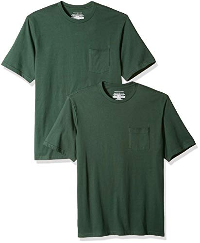 Amazon Essentials - Pack de 2 camisetas de manga corta y corte holgado con cuello redondo y bolsillo para hombre, Verde (Dark Green Dar), US S (EU S)