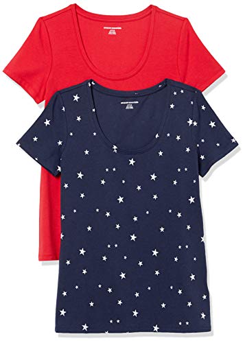 Amazon Essentials Paquete de 2 Camisetas de Manga Corta con Cuello Redondo. Fashion-t-Shirts, Navy Star/Red, M, Pack de 2