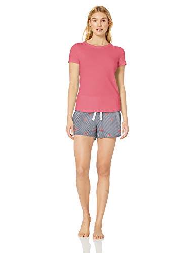 Amazon Essentials - Pijama para mujer, conjunto de camiseta y pantalón corto de popelín, Blue Stripe Floral/Pink, US M (EU M - L)