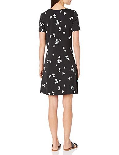 Amazon Essentials Short-Sleeve V-Neck Swing Dress, Black Aqua Tossed Tulip, L