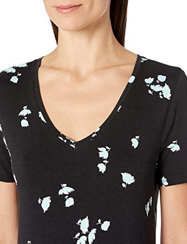Amazon Essentials Short-Sleeve V-Neck Swing Dress, Black Aqua Tossed Tulip, L