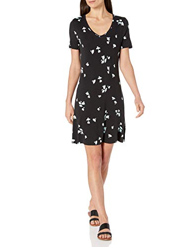 Amazon Essentials Short-Sleeve V-Neck Swing Dress, Black Aqua Tossed Tulip, L