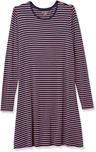 Amazon Essentials Vestido de Swing de Manga Larga con Cuello Redondo Dresses, Rayas Finas Coral Azul Marino, 36-38