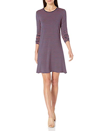 Amazon Essentials Vestido de Swing de Manga Larga con Cuello Redondo Dresses, Rayas Finas Coral Azul Marino, 36-38