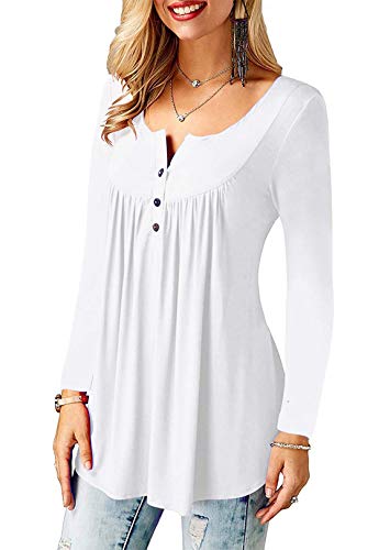 Amoretu Blusa Mujer Manga Larga Botones Flare Delgado Color Sólido Camisa Cuello en V Tops Blanco XXL