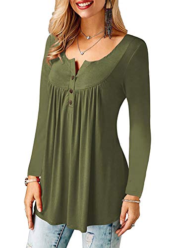 Amoretu Camisa Mujer Manga Larga Flare Blusa Verde Delgado Color Sólido Camisa Cuello en V Botones Top S