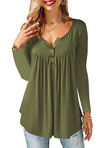 Amoretu Camisa Mujer Manga Larga Flare Blusa Verde Delgado Color Sólido Camisa Cuello en V Botones Top S