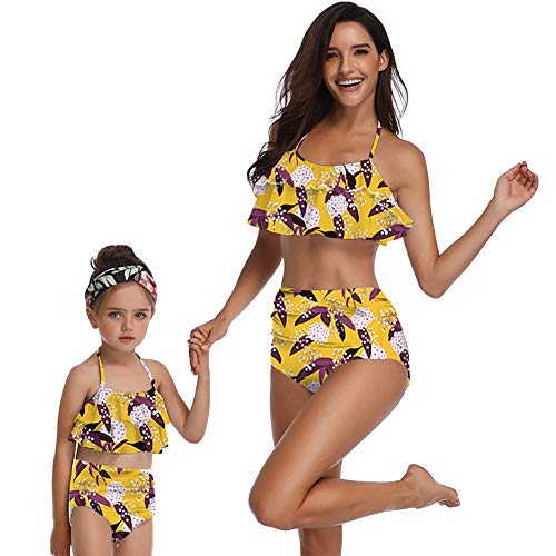 amropi Chest Ruffles Bikini Madre e Hija Conjunto Bañadores Trajes de Baño Flor Talla Grande Escotado Detrás 2PCS Mujer y Niña(Amarillo,7-8 años)