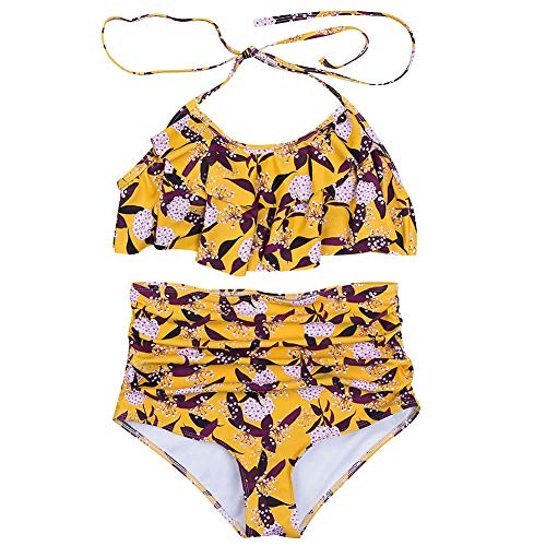 amropi Chest Ruffles Bikini Madre e Hija Conjunto Bañadores Trajes de Baño Flor Talla Grande Escotado Detrás 2PCS Mujer y Niña(Amarillo,7-8 años)