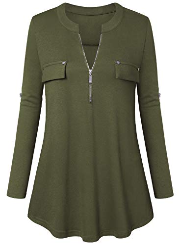 Amrto Blusa de manga 3/4 para mujer con cuello en V, con cremallera, camiseta de manga larga verde militar XXXL