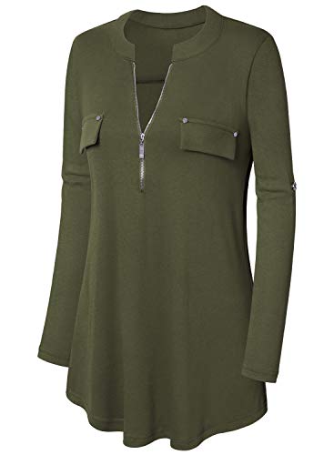 Amrto Blusa de manga 3/4 para mujer con cuello en V, con cremallera, camiseta de manga larga verde militar XXXL