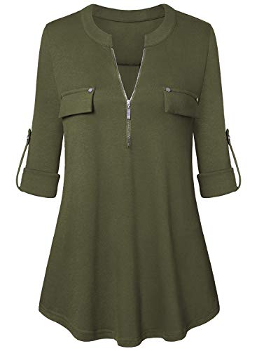 Amrto Blusa de manga 3/4 para mujer con cuello en V, con cremallera, camiseta de manga larga verde militar XXXL