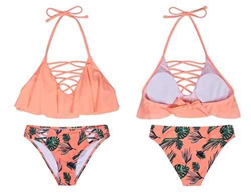 AmzBarley Traje de Baño Bañador de Mujer Tankini Push up Dos Piezas Conjuntos,Sexy Bikinis Mujer Braga Alta Cintura y Cuello Colgante Acolchado Bra Top con Volantes Set Verano Playa Ropa,344A/M