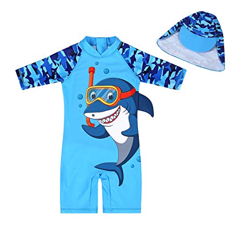 AmzBarley Una Piezas Traje de Baño Bañador Niño Tiburón Ropa de Natacion Guardia de Erupción Chicos Muchachos 50+ UPF UV Solar Protección Verano Playa Ropa Deportes Acuáticos,Azul 301/5-6 Años