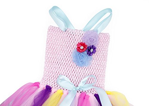 AmzBarley Unicornio Vestidos Cortos Fiesta de Princesa de Tul Tutu con Encaje de Flor sin Mangas para Niña,Disfraz Halloween Princesa con Argolla de Pelo para Boda 8-9 Años